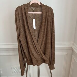 NWT Lilla P Brown Faux Wrap Long Sleeve Soft Knit Blouse Size Small